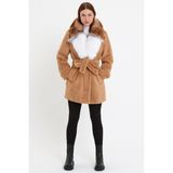Nero Leather Fur Kamel Alkantara Kumaş Kadın Kaban Yaka Kürklü - 3XL