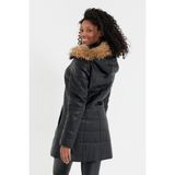 Nero Leather Fur Kapüşon Kenarı Kürk Şişme Kadın Deri Ceket - 2XL - 01-Siyah - Regular Fit