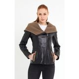Nero Leather Fur Kol Kapüşon Triko Detaylı Kadın Deri Ceket - 01-Siyah - Regular Fit
