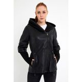 Nero Leather Fur Kol Kapüşon Triko Detaylı Kadın Deri Ceket - 2XL - 01-Siyah - Regular Fit