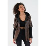 Nero Leather Fur Kol Kapüşon Triko Detaylı Kadın Deri Ceket - S - Antik - Regular Fit