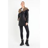 Nero Leather Fur Kol Kapüşon Triko Detaylı Kadın Uzun Deri Ceket - 4XL - 01-Siyah - Regular Fit