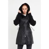 Nero Leather Fur Kol Kapüşon Triko Detaylı Kadın Uzun Deri Ceket - M - 01-Siyah - Regular Fit
