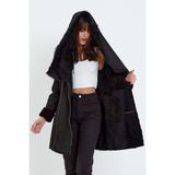 Nero Leather Fur Napa Kuzu Kürkü Kapüşonlu Kadın Kaban HN1514 - M - 001-Siyah