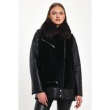 Nero Leather Fur Önler Dışa Tüy Siyah Kadın Kürk Kaban Yaka Tilki - HN1001 - 001-Siyah