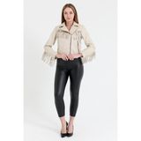 Nero Leather Fur Püsküllü Kadın Deri Ceket - M - 02S-Bej - Regular Fit