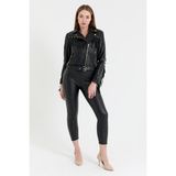 Nero Leather Fur Püsküllü Kadın Deri Ceket - XL - 01-Siyah - Regular Fit
