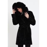 Nero Leather Fur Siyah Alkantara Kumaş Kadın Kaban Kapüşon Tilki Kürklü - Ovlkpş - 4XL - 01 Siyah