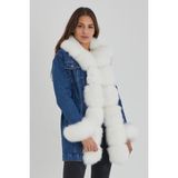 Nero Leather Fur Yaka, Kol ve Önler Kürk Içi Çıkma Astar Kadın Uzun Kot Ceket - 01L-Lacivert - Regular Fit