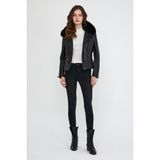 Nero Leather Fur Yaka Kürk Spor Kadın Deri Ceket - 01-Siyah - Slim Fit