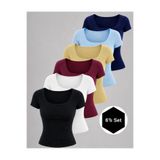 NERTH STYLE 6'lı Set U Yaka Kısa Kollu Fitilli Pamuk Bluz T-shirt Günlük Kombin Full Set Kare Yaka