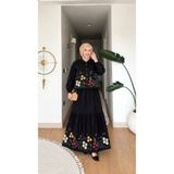 Nes Moda Kadın Nakış Detaylı Keten Tesettür Gömlek Etek Takım Elbise