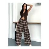 Nes Moda Pliseli Ekose Desenli Pantolon