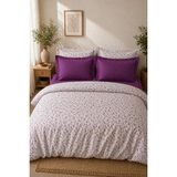 Nesco Beyaz Çiçek Desenli Pamuk 160X220 Tek Kişilik Nevresim Takımı + Lastikli Mor Çarşaf + 2 Yastık - 160 x 200 cm