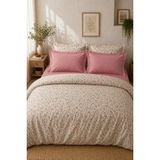 Nesco Krem Çiçek Pamuk 200X220 Çift Kişilik Nevresim Takımı + Lastikli Pudra Pembe Çarşaf + 4 Yastık - 200 x 220 cm