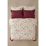 Nesco Mercan Çiçek %100 Pamuk 220X240 Battal Boy Nevresim Takımı + Lastikli Bordo Çarşaf + 4 Yastık - Beyaz - 220 x 240 cm