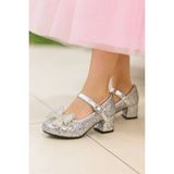 NeSe Shoes Işıltılı ve Taşlı Fiyonklu Kız Çocuk Topuklu Ayakkabı, Abiye Ayakkabı, Yeni Sezon, Pırıltılı Gümüşdekolte - Gümüş Saten