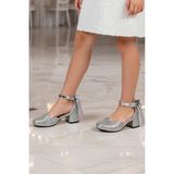 NeSe Shoes Işıltılı ve Taşlı Fiyonklu Kız Çocuk Topuklu Ayakkabı, Abiye Ayakkabı, Yeni Sezon, Pırıltılı Karnıyarık Gümüş - Bakır Gümüş