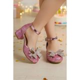 NeSe Shoes Işıltılı ve Taşlı Fiyonklu Kız Çocuk Topuklu Ayakkabı, Abiye Ayakkabı, Yeni Sezon, Pırıltılı Yenifiyonkpembe - Pembe - Fiyonk