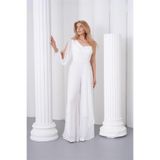 Neşeli Butik kadın beyaz tek kol astarlı tül kumaş tasarım abiye tulum NBS9389