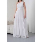 Neşeli Butik kadın beyaz tek omuz pilise detaylı simli tül kumaş abiye elbise NBSWLL16
