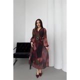 Neşeli Butik kadın bordo beli kemerli piliseli kruvaze yaka şifon elbise NBELB03