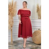 Neşeli Butik Kadın Bordo Kuşaklı Midi Boy Büyük Beden Şifon Elbise Nb8061
