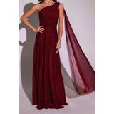Neşeli Butik kadın bordo tek omuz pilise detaylı simli tül kumaş abiye elbise NBSWLL16