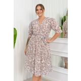 Neşeli Butik Kadın Büyük Beden Desenli Şifon Elbise Nb8063 - Bej