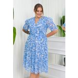 Neşeli Butik Kadın Büyük Beden Desenli Şifon Elbise Nb8063 - Mavi