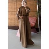 Neşeli Butik kadın camel şerit detaylı oversize tunik pantolon ikili tesettür takım NMS102