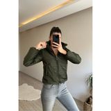 Neşeli Butik Kadın Fitilli Desen Kadife Kısa Şişme Mont NM005 - Haki
