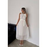 Neşeli Butik Kadın Gül Broş Detaylı Uzun Şifon Elbise NBK2144 - 42 - Beyaz