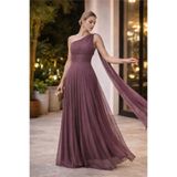 Neşeli Butik kadın gül kurusu tek omuz pilise detaylı simli tül kumaş abiye elbise NBSWLL16