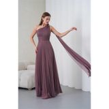 Neşeli Butik kadın gül kurusu tek omuz tokalı drape detaylı ışıltılı tül kumaş abiye elbise NBS9388