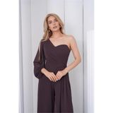 Neşeli Butik kadın kahverengi tek kol astarlı tül kumaş tasarım abiye tulum NBS9389