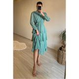Neşeli Butik kadın kat kat volanlı kuşaklı midi şifon elbise NM004