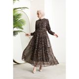 Neşeli Butik Kadın Kemerli Leopar Desenli Tesettür Şifon Elbise SMS014 - 42 - Siyah