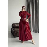 Neşeli Butik Kadın Kırmızı Drapeli Kemer Detaylı Sandy Kumaş Premium Tesettür Elbise NMS090 - 44