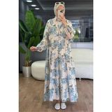 Neşeli Butik Kadın Mavi Hakim Yaka Düğmeli Viskon Çiçek Desenli Tesettür Elbise NMS099 - 38