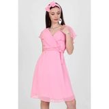 Neşeli Butik Kadın Midi Boy Yeni Sezon Kruvaze Yaka Melek Kol Şifon Elbise RY8081 - Pudra - 2XL