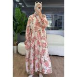 Neşeli Butik Kadın Pembe Hakim Yaka Düğmeli Viskon Çiçek Desenli Tesettür Elbise NMS099 - 48