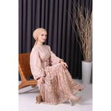 Neşeli Butik Kadın Şifon Eteği Fırfırlı Desenli Tesettür Elbise SMS008 - Bej - 38