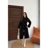 Neşeli Butik Kadın Siyah Kuşaklı Reglan Kol Düğmeli Premium Kaşe Kaban NBKBN01 - 36