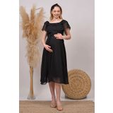 Neşeli Butik Kadın Siyah Midi Boy Madonna Yaka Şifon Hamile Elbisesi Hml8060