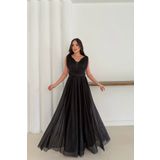 Neşeli Butik kadın siyah simli büyük beden abiye elbise RYS9223