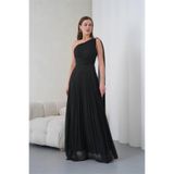 Neşeli Butik kadın siyah tek omuz tokalı drape detaylı ışıltılı tül kumaş abiye elbise NBS9388
