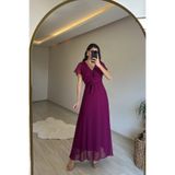 Neşeli Butik kadın v yaka kuşaklı maxi şifon elbise NM008
