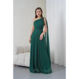 Neşeli Butik kadın yeşil tek omuz tokalı drape detaylı ışıltılı tül kumaş abiye elbise NBS9388