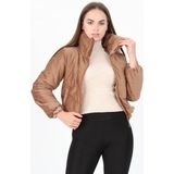 Neşeli Butik Kadın Yüksek Yaka Fermuar Detaylı Cepli Kışlık Kadife Mont NB7154 - Camel